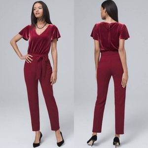 WHBM White House Black Market red velvet jumpsuit Holiday with sash